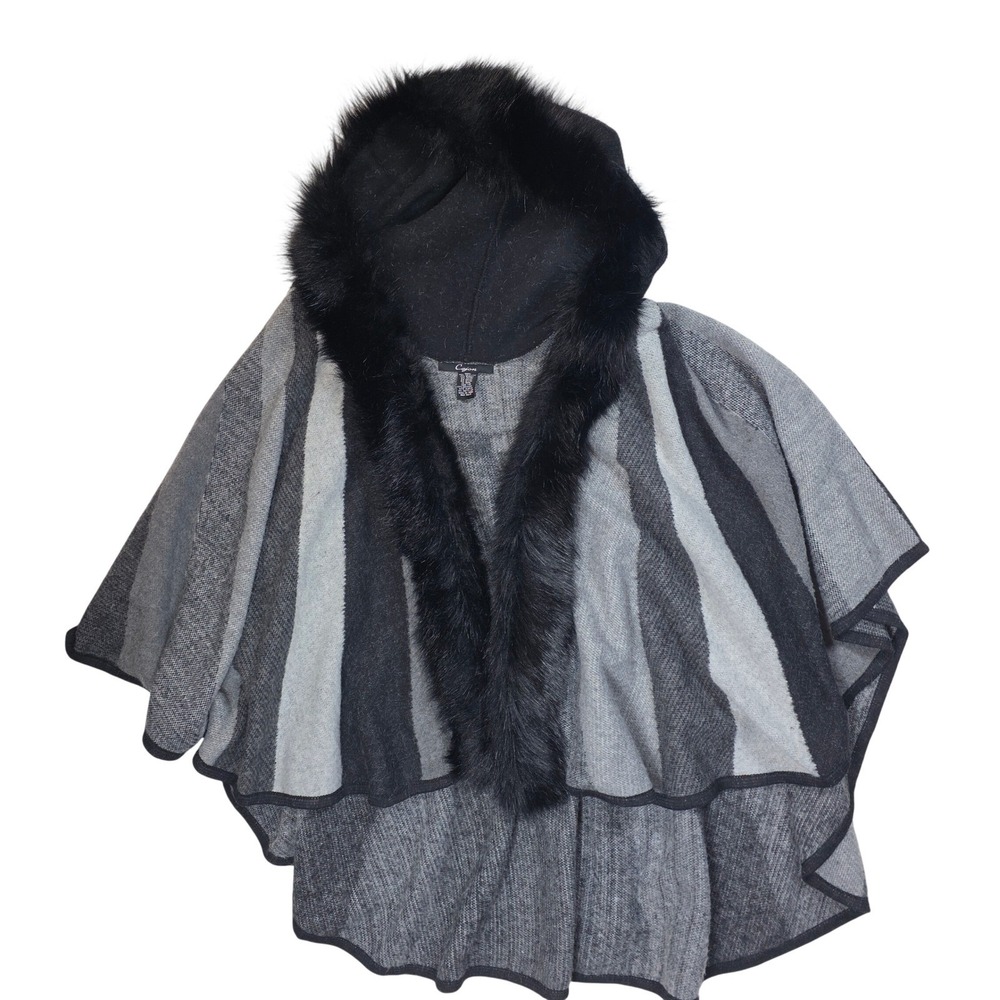 Cejon Women Luxurious Grey Black Striped Hooded Cape Faux Fur Trim Open Front OS